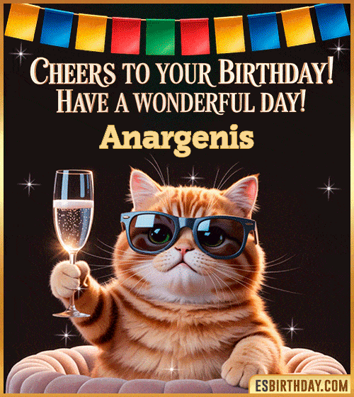 Funny Happy Birthday GIF – Cool Cat Toasting Animation for Anargenis Funny happy birthday GIF for Anargenis featuring a cool cat wearing sunglasses holding a champagne glass – personalized animated birthday greeting with a cheerful and classy vibe