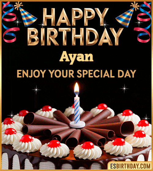 Happy birthday GIF for Ayan with chocolate cake, cherries, candle, and festive decorations – personalized animated birthday wishes to enjoy your special day