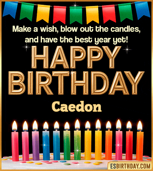 Happy birthday wishes GIF for Caedon with colorful candles, festive bunting and glowing text – personalized animated birthday greeting with name