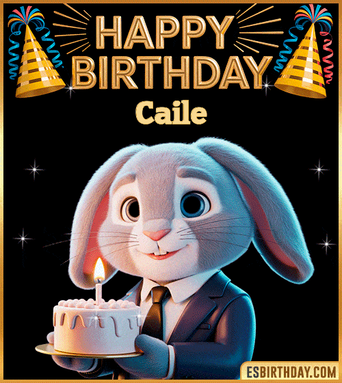 Cute happy birthday cake GIF with bunny for Caile – personalized animated birthday wishes with pastel and celebratory vibe