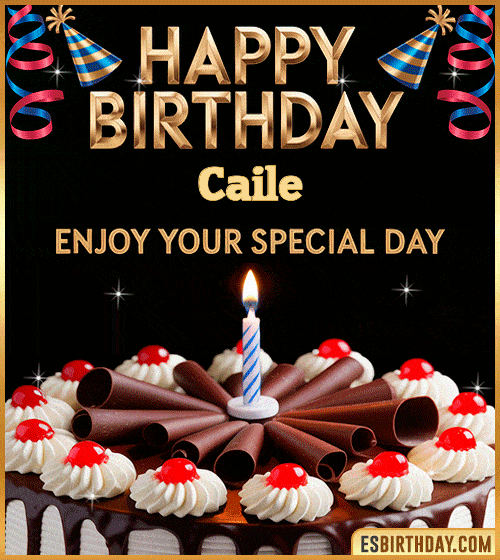Happy birthday GIF for Caile with chocolate cake, cherries, candle, and festive decorations – personalized animated birthday wishes to enjoy your special day