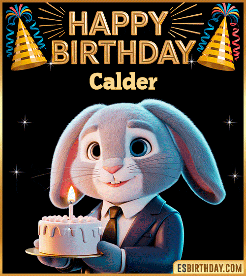 Cute happy birthday cake GIF with bunny for Calder – personalized animated birthday wishes with pastel and celebratory vibe