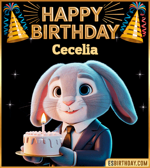 Cute happy birthday cake GIF with bunny for Cecelia – personalized animated birthday wishes with pastel and celebratory vibe