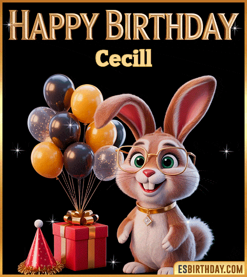 Funny happy birthday GIF for Cecill featuring a cute bunny with glasses, festive balloons and a gift box – personalized animated birthday greeting with a playful and joyful vibe