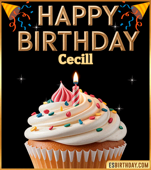Happy birthday GIF for Cecill with a colorful cupcake, lit candle and festive decorations – cute personalized animated birthday greeting