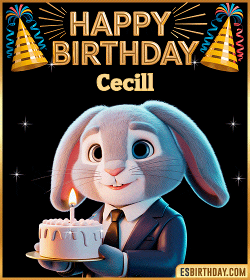 Cute happy birthday cake GIF with bunny for Cecill – personalized animated birthday wishes with pastel and celebratory vibe