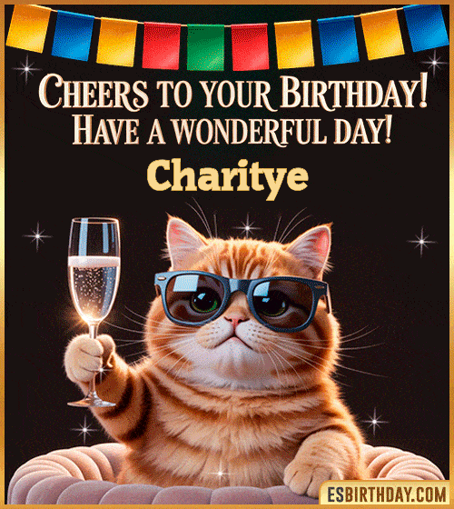 Funny Happy Birthday GIF – Cool Cat Toasting Animation for Charitye Funny happy birthday GIF for Charitye featuring a cool cat wearing sunglasses holding a champagne glass – personalized animated birthday greeting with a cheerful and classy vibe
