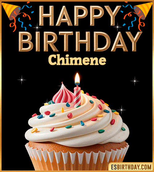 Happy birthday GIF for Chimene with a colorful cupcake, lit candle and festive decorations – cute personalized animated birthday greeting