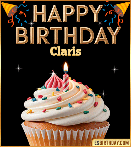 Happy birthday GIF for Claris with a colorful cupcake, lit candle and festive decorations – cute personalized animated birthday greeting