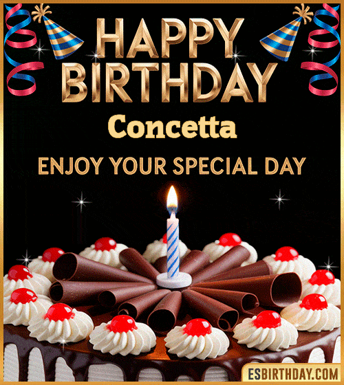 Happy birthday GIF for Concetta with chocolate cake, cherries, candle, and festive decorations – personalized animated birthday wishes to enjoy your special day