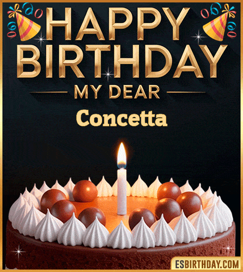 Happy birthday GIF for my dear Concetta with a chocolate cake, lit candle and festive decorations – personalized animated birthday greeting for someone special