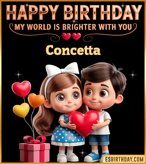 Sweet happy birthday GIF for Concetta with cute animated couple holding a red heart, heart balloons and gift box – personalized romantic birthday greeting saying my world is brighter with you