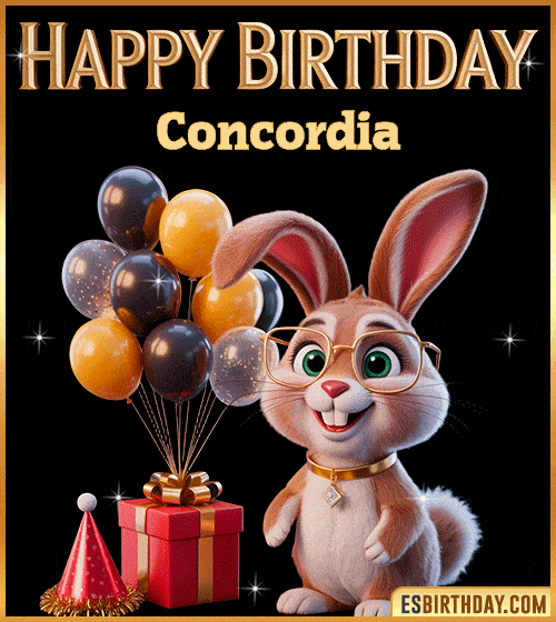 Funny happy birthday GIF for Concordia featuring a cute bunny with glasses, festive balloons and a gift box – personalized animated birthday greeting with a playful and joyful vibe