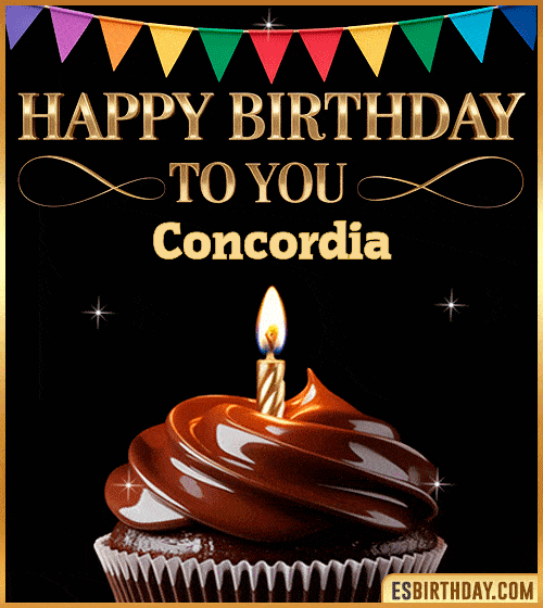 Happy birthday to you Concordia GIF with a chocolate cupcake, candle, colorful bunting and sparkling celebration – personalized animated birthday greeting