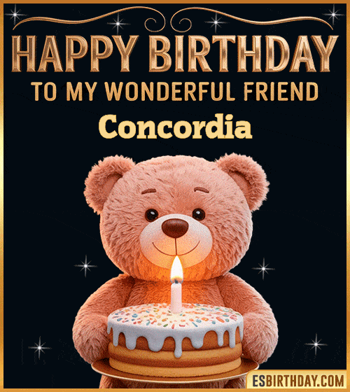 Cute happy birthday GIF for my wonderful friend Concordia with a smiling teddy bear holding a birthday cake and lit candle – personalized animated birthday greeting for a special friend