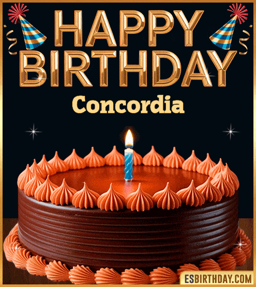 Happy birthday cake GIF with name Concordia, featuring a chocolate cake with lit candle and golden birthday text – personalized animated birthday greeting
