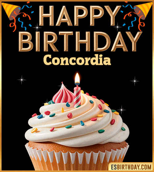 Happy birthday GIF for Concordia with a colorful cupcake, lit candle and festive decorations – cute personalized animated birthday greeting