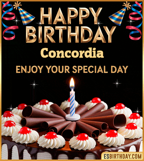 Happy birthday GIF for Concordia with chocolate cake, cherries, candle, and festive decorations – personalized animated birthday wishes to enjoy your special day