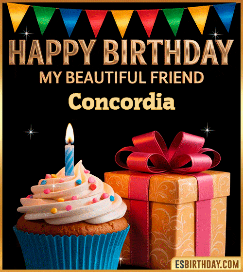 Happy birthday GIF for my beautiful friend Concordia with a cupcake, lit candle and gift box – cute personalized animated birthday greeting for a special friend