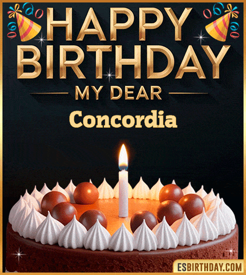 Happy birthday GIF for my dear Concordia with a chocolate cake, lit candle and festive decorations – personalized animated birthday greeting for someone special