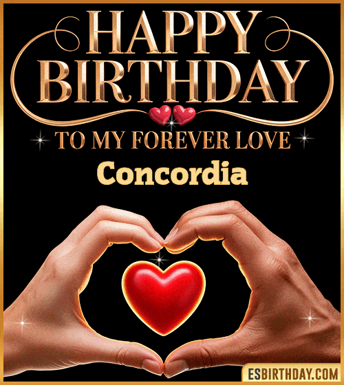 Romantic happy birthday GIF for Concordia with hands forming a heart around a glowing red heart – personalized animated birthday greeting to my forever love