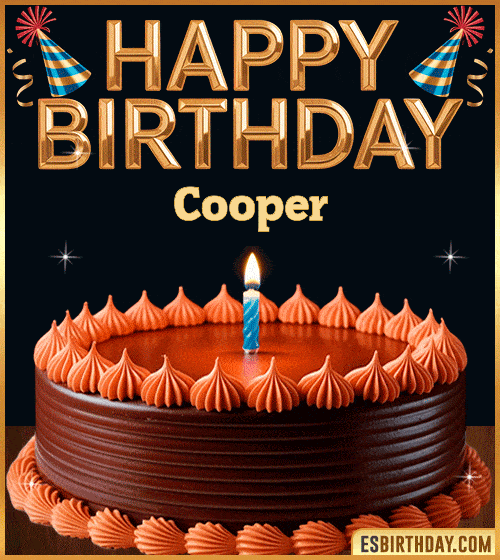 Happy birthday cake GIF with name Cooper, featuring a chocolate cake with lit candle and golden birthday text – personalized animated birthday greeting