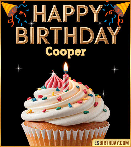 Happy birthday GIF for Cooper with a colorful cupcake, lit candle and festive decorations – cute personalized animated birthday greeting