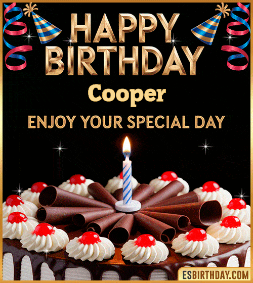 Happy birthday GIF for Cooper with chocolate cake, cherries, candle, and festive decorations – personalized animated birthday wishes to enjoy your special day