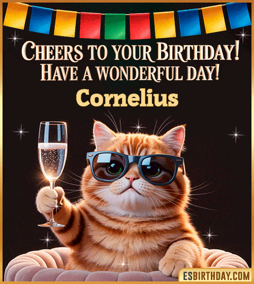 Funny happy birthday GIF for Cornelius featuring a cool cat wearing sunglasses holding a champagne glass – personalized animated birthday greeting with a cheerful and classy vibe