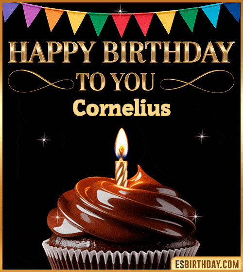 Happy birthday to you Cornelius GIF with a chocolate cupcake, candle, colorful bunting and sparkling celebration – personalized animated birthday greeting