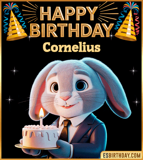 Cute happy birthday cake GIF with bunny for Cornelius – personalized animated birthday wishes with pastel and celebratory vibe