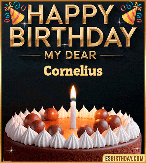 Happy birthday GIF for my dear Cornelius with a chocolate cake, lit candle and festive decorations – personalized animated birthday greeting for someone special