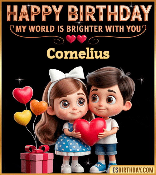 Sweet happy birthday GIF for Cornelius with cute animated couple holding a red heart, heart balloons and gift box – personalized romantic birthday greeting saying my world is brighter with you