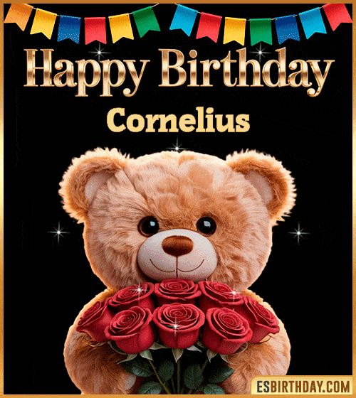 Cute happy birthday GIF for Cornelius with a smiling teddy bear holding a bouquet of red roses – personalized animated birthday greeting with a sweet and loving vibe
