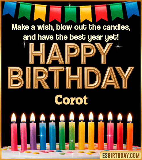 Happy birthday wishes GIF for Corot with colorful candles, festive bunting and glowing text – personalized animated birthday greeting with name