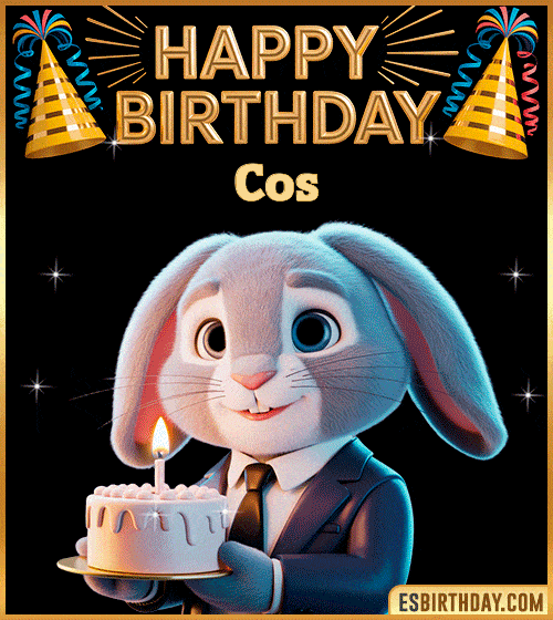 Cute happy birthday cake GIF with bunny for Cos – personalized animated birthday wishes with pastel and celebratory vibe
