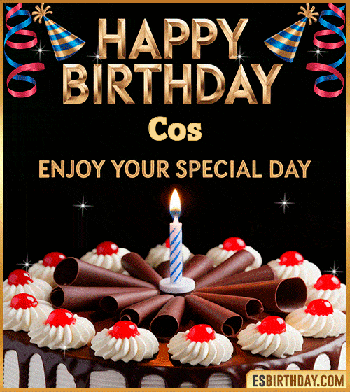 Happy birthday GIF for Cos with chocolate cake, cherries, candle, and festive decorations – personalized animated birthday wishes to enjoy your special day