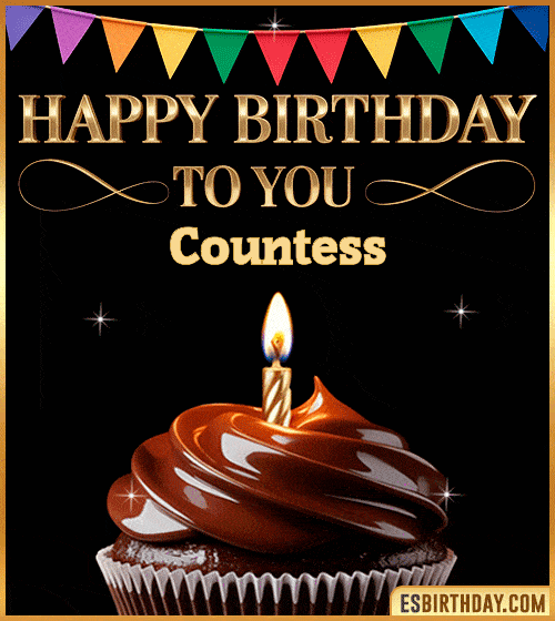 Happy birthday to you Countess GIF with a chocolate cupcake, candle, colorful bunting and sparkling celebration – personalized animated birthday greeting