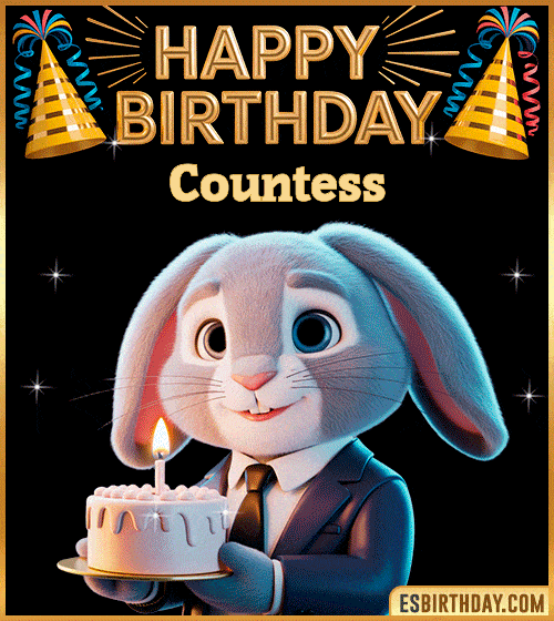 Cute happy birthday cake GIF with bunny for Countess – personalized animated birthday wishes with pastel and celebratory vibe