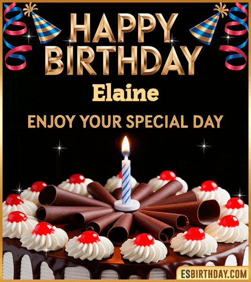 Happy birthday GIF for Elaine with chocolate cake, cherries, candle, and festive decorations – personalized animated birthday wishes to enjoy your special day