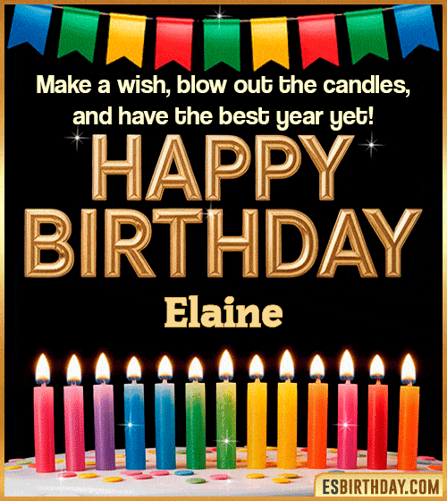 Happy birthday wishes GIF for Elaine with colorful candles, festive bunting and glowing text – personalized animated birthday greeting with name