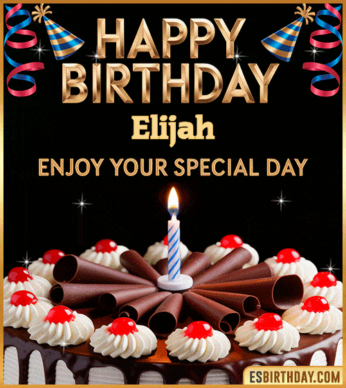 Happy birthday GIF for Elijah with chocolate cake, cherries, candle, and festive decorations – personalized animated birthday wishes to enjoy your special day