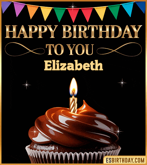 Happy birthday to you Elizabeth GIF with a chocolate cupcake, candle, colorful bunting and sparkling celebration – personalized animated birthday greeting