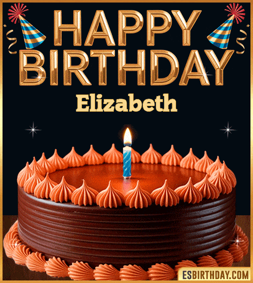 Happy birthday cake GIF with name Elizabeth, featuring a chocolate cake with lit candle and golden birthday text – personalized animated birthday greeting