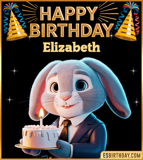 Cute happy birthday cake GIF with bunny for Elizabeth – personalized animated birthday wishes with pastel and celebratory vibe