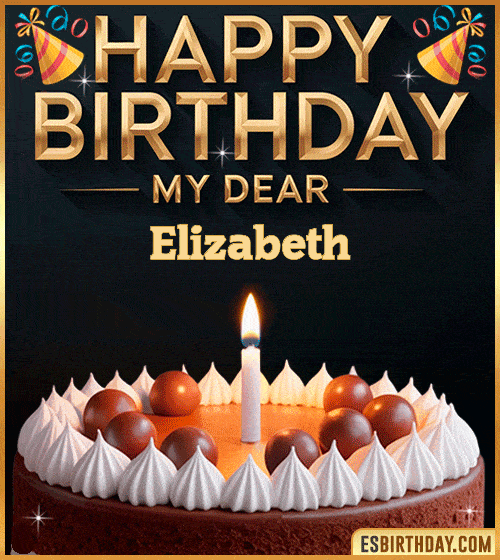 Happy birthday GIF for my dear Elizabeth with a chocolate cake, lit candle and festive decorations – personalized animated birthday greeting for someone special