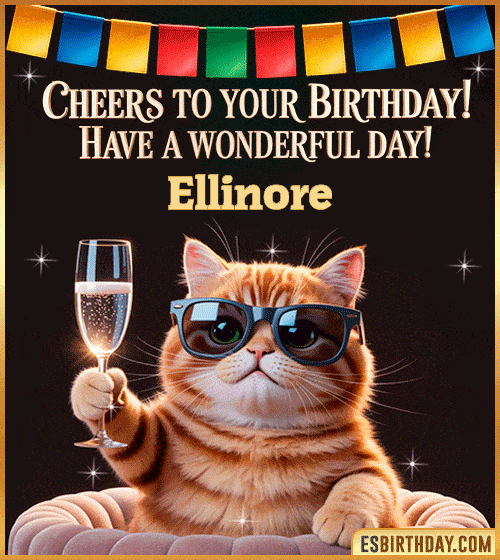 Funny Happy Birthday GIF – Cool Cat Toasting Animation for Ellinore Funny happy birthday GIF for Ellinore featuring a cool cat wearing sunglasses holding a champagne glass – personalized animated birthday greeting with a cheerful and classy vibe