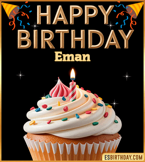 Happy birthday GIF for Eman with a colorful cupcake, lit candle and festive decorations – cute personalized animated birthday greeting