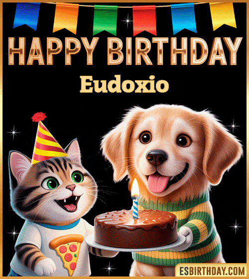 Cute funny happy birthday animated GIF with puppy and kitten celebrating, personalized for Eudoxio with cake and party hat, cheerful birthday greeting image