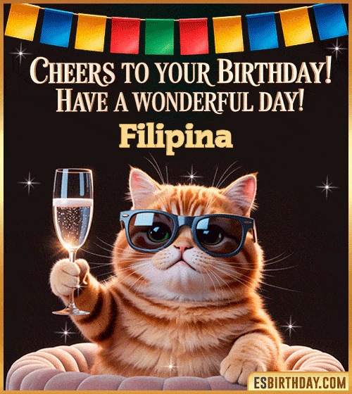Funny Happy Birthday GIF – Cool Cat Toasting Animation for Filipina Funny happy birthday GIF for Filipina featuring a cool cat wearing sunglasses holding a champagne glass – personalized animated birthday greeting with a cheerful and classy vibe